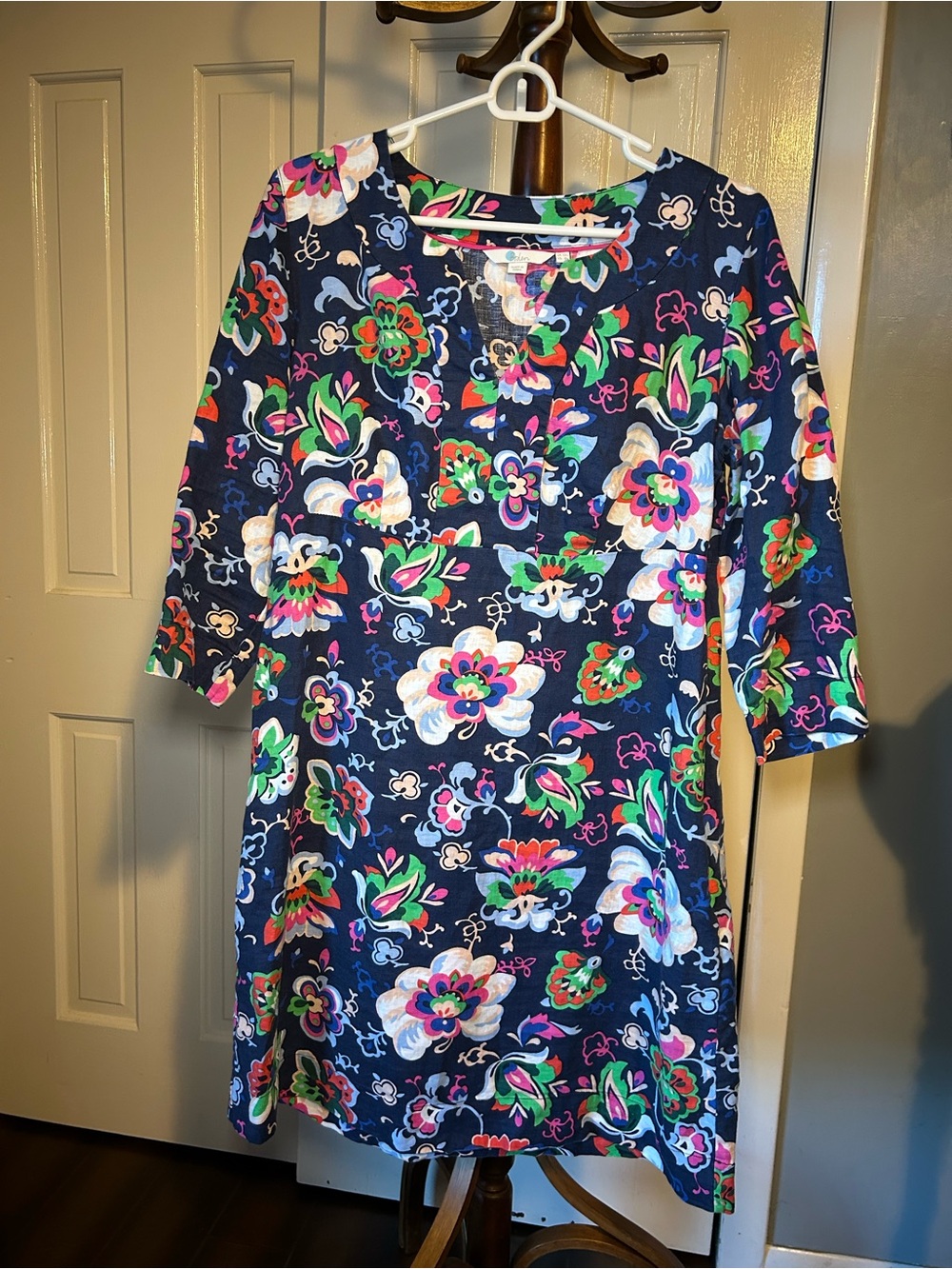Boden 100% Linen Navy Floral Long-Sleeve Shift Dress